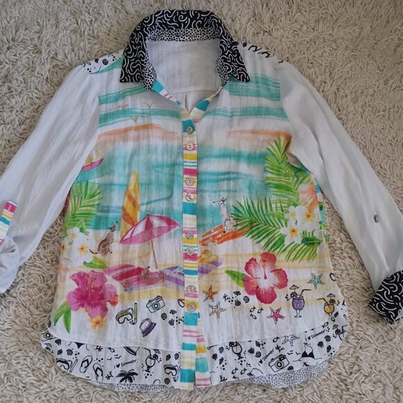 John Mark White/Colorful BEACH DOGS Button-Front Tunic Blouse Size M - Picture 1 of 8